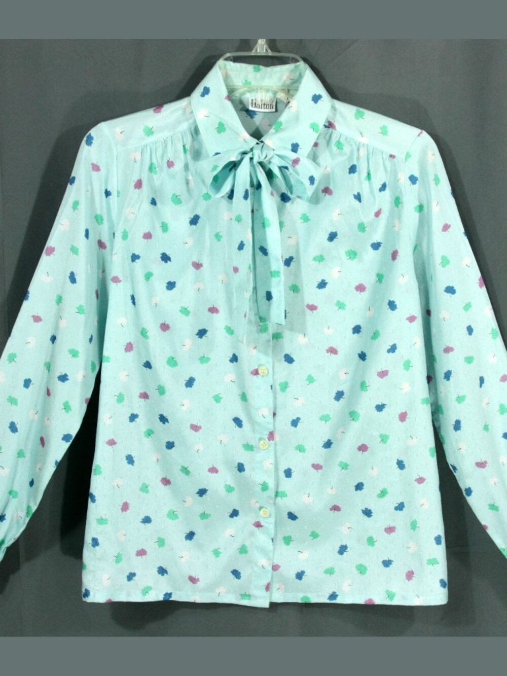 Vintage Dalton Floral Bow Tie Button Down Shirt Secretary Blouse Blue S 6 1970s